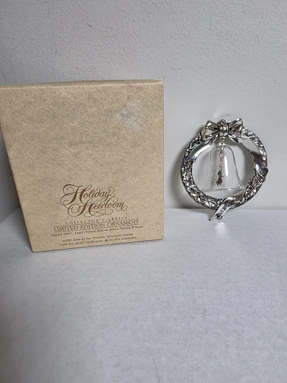 Vintage 1987 Hallmark Holiday Heirloom Lead Crystal Bell in Silver-Plated Wreath